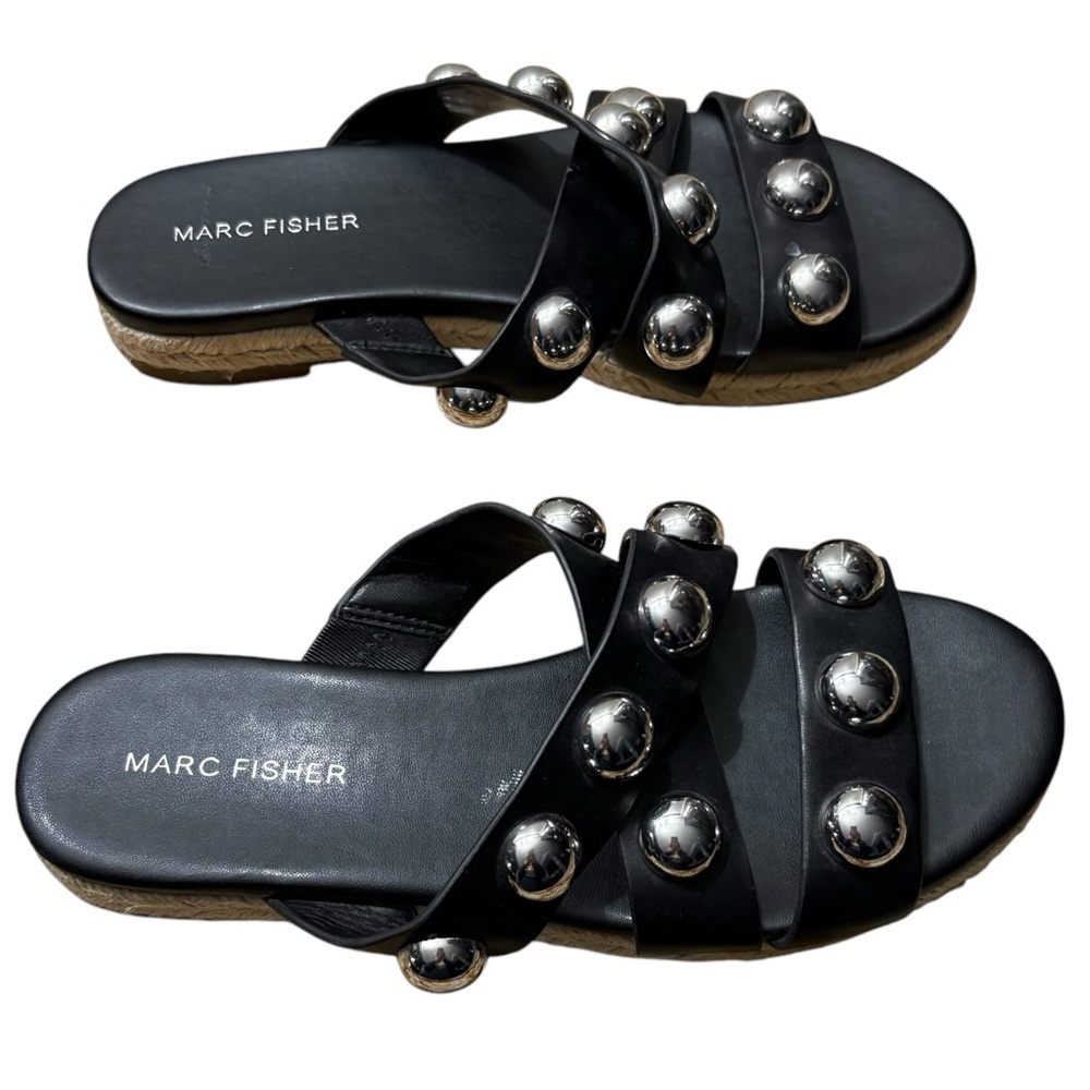 MARC FISHER Prisca Black Slide Espadrille Sandals with Silver Accents Size 6.5 - Picture 2 of 8